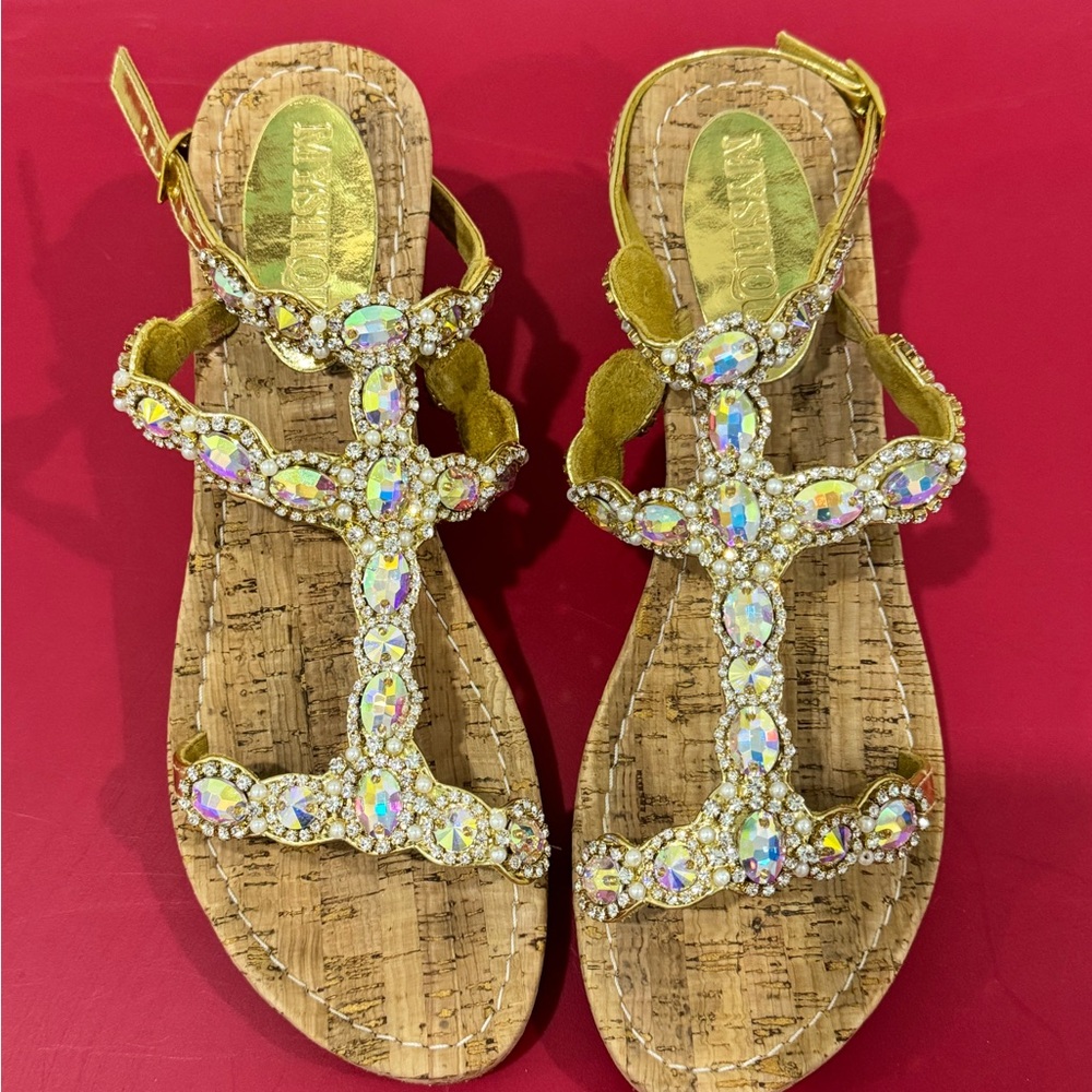 Mystique Boutique Gold Jeweled T-Strap Sandals